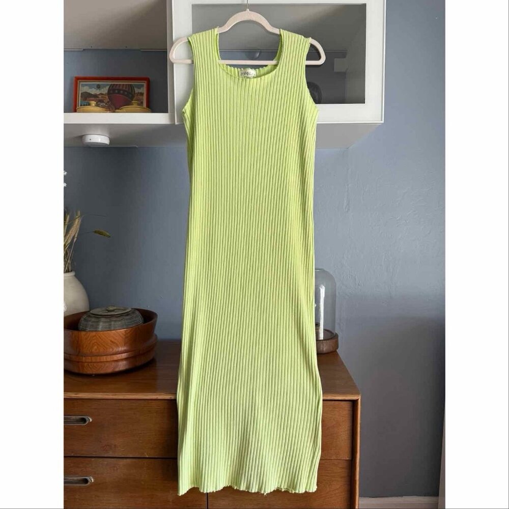 Noblu Ribbed Knit Lime Green Maxi Dress Lagenlook Minimalist Size S/M